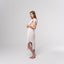NESHOW white linen blend Drapes Dress with tie shoulder straps and a belted waist, perfect for summer.