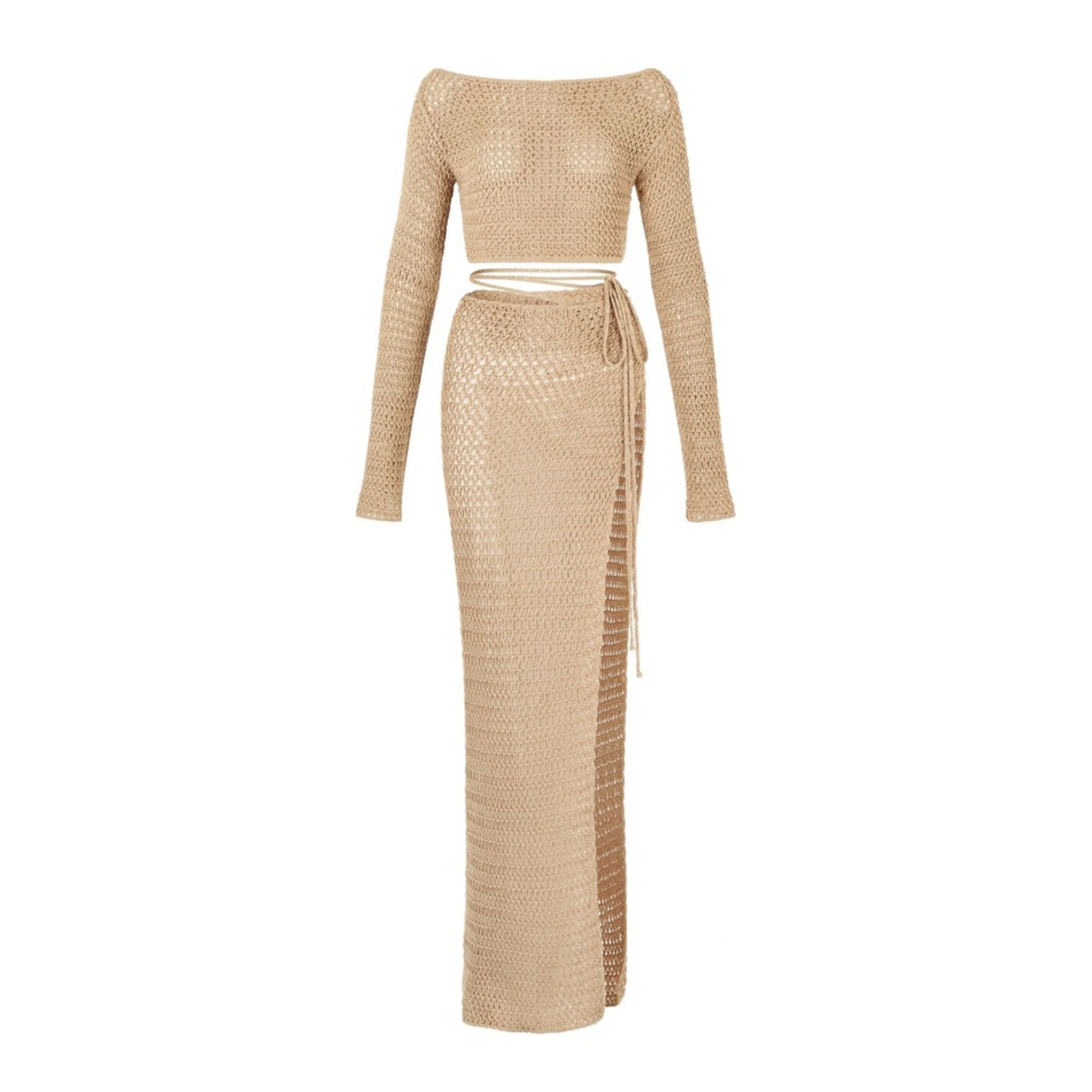 Beige two-piece outfit with long sleeves and a skirt on a white background