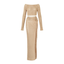 Beige two-piece outfit with long sleeves and a skirt on a white background