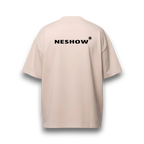 Beige t-shirt with 'NESHOW' logo on a white background