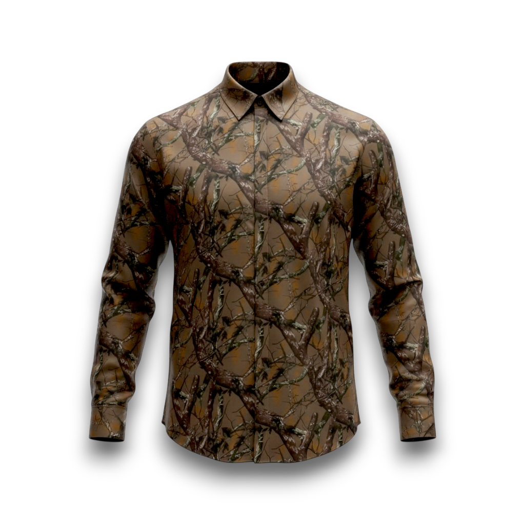 Camouflage-patterned shirt on a white background الصورة الرئيسية