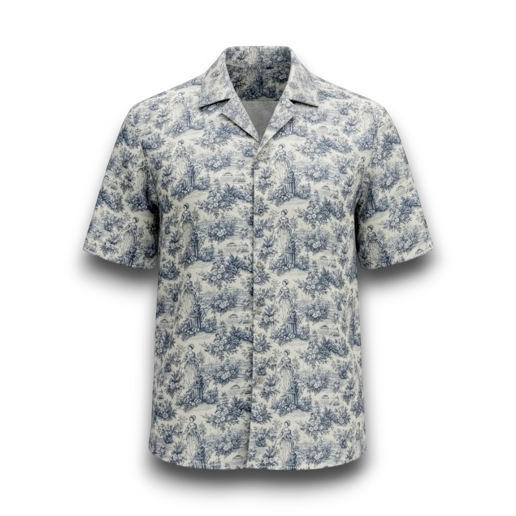 NESHOW Blue Garden Camp Shirt: Relaxed-fit, short-sleeve top with a blue toile print. Features an open collar and breathable fabric.