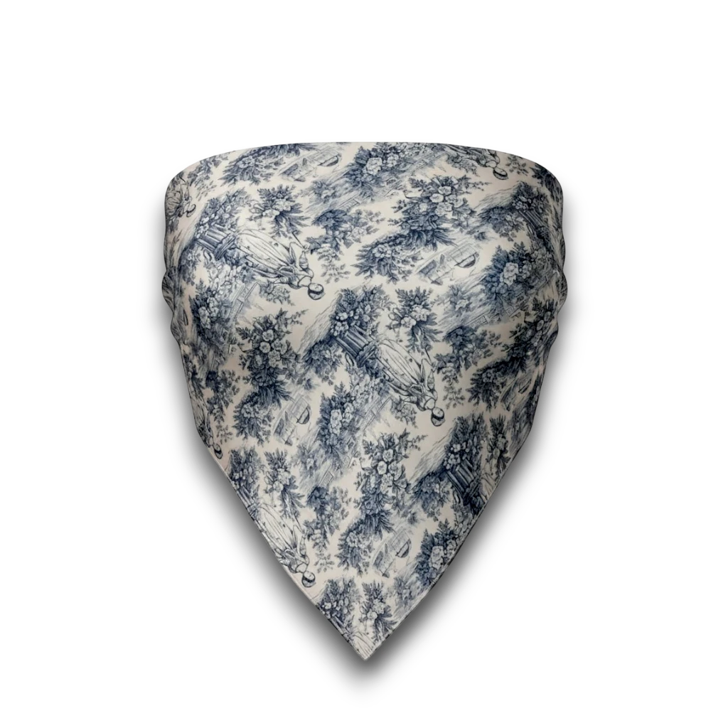 NESHOW blue and white toile garden print scarf top, versatile for head, neck, or shoulders.