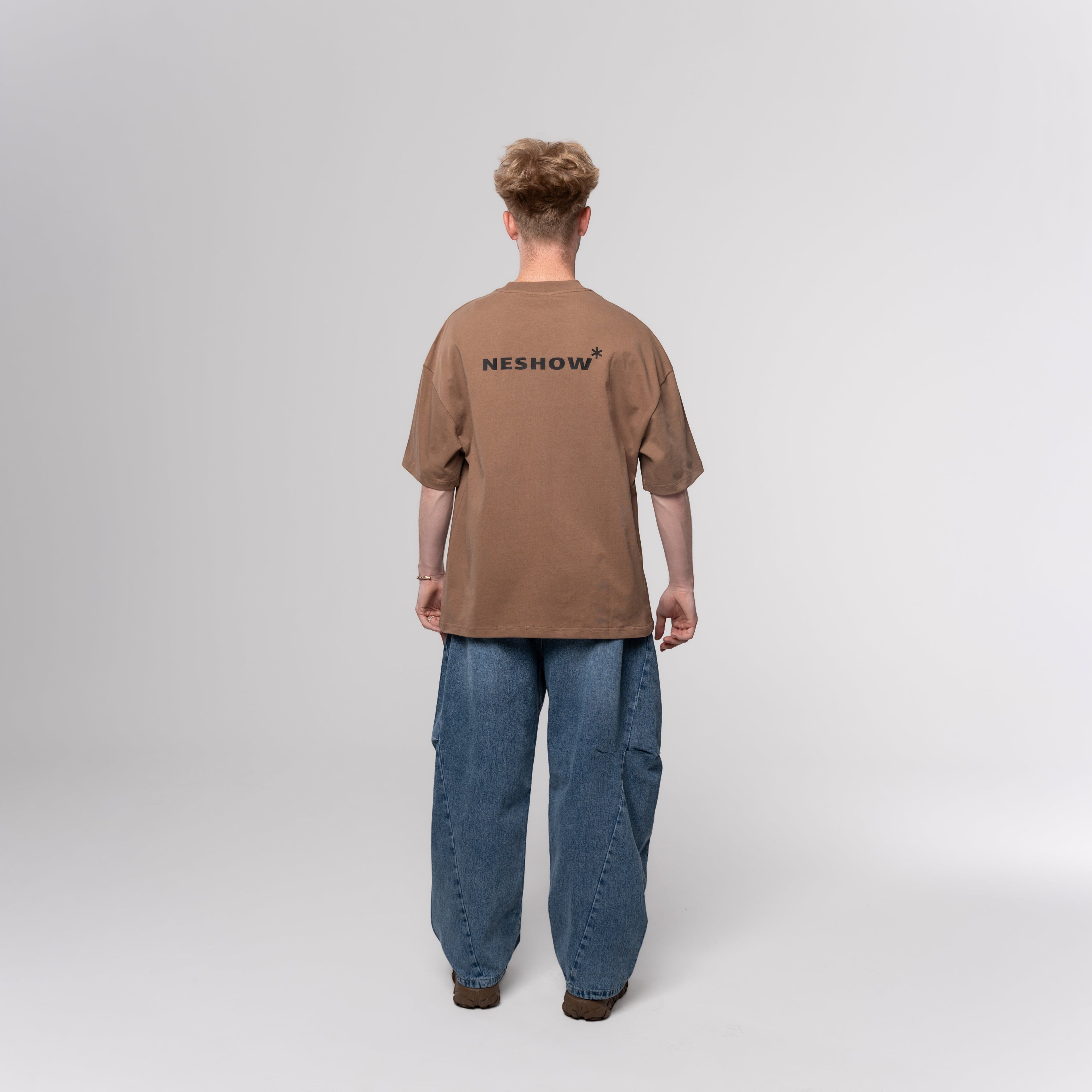 NESHOW brown oversized 320 gsm sustainable cotton t-shirt with black logo on back, limited edition