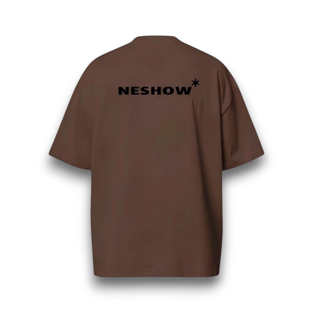 NESHOW brown oversized t-shirt made from 320 gsm sustainable cotton with a printed logo on the back.