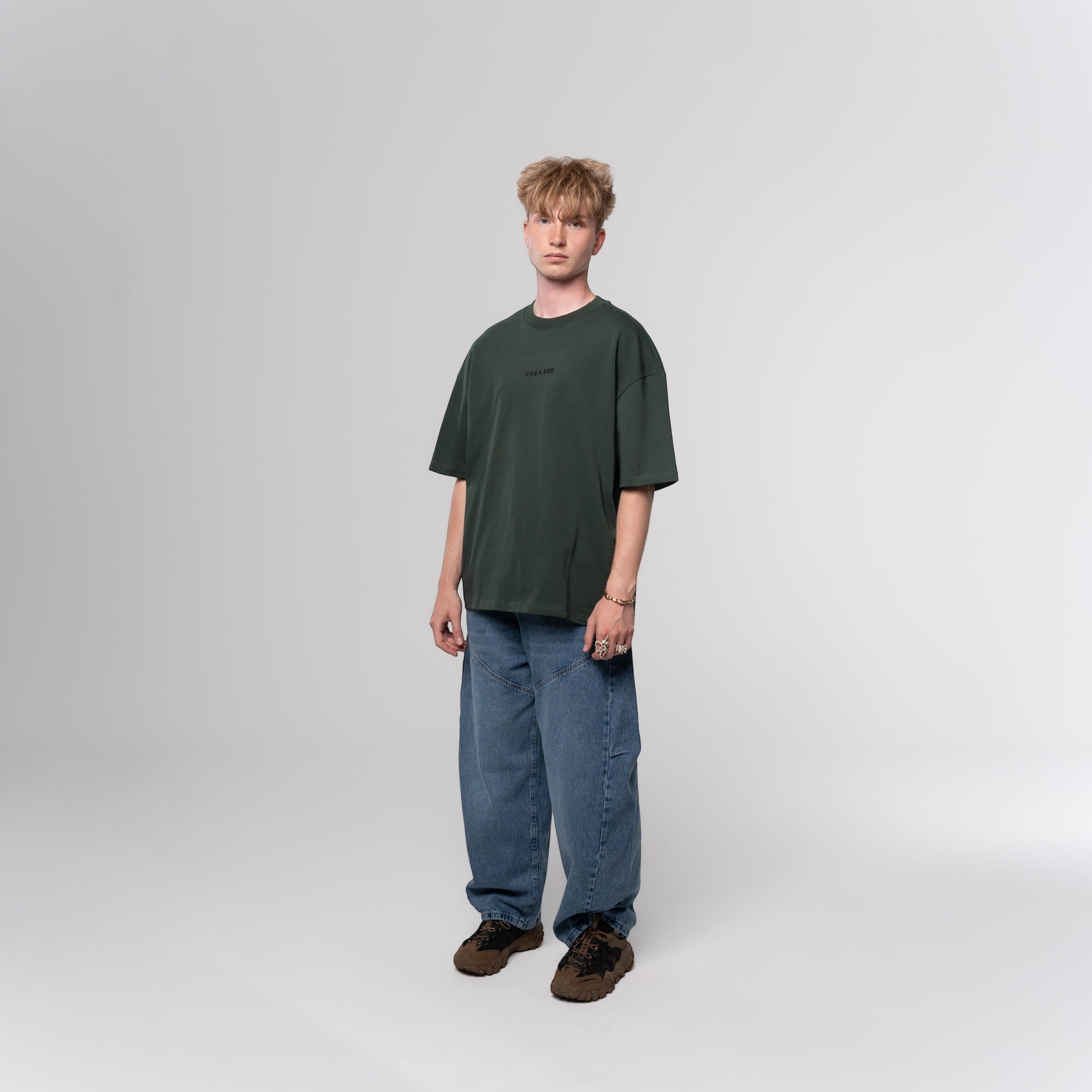 NESHOW dark green oversized cotton t-shirt with random number print on front and logo on back.