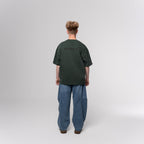 NESHOW dark green oversized 320 gsm sustainable cotton t-shirt with black logo on back.
