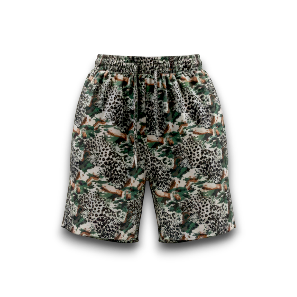 NESHOW green leopard print shorts with drawstring waist and pockets, lightweight fabric for comfort.