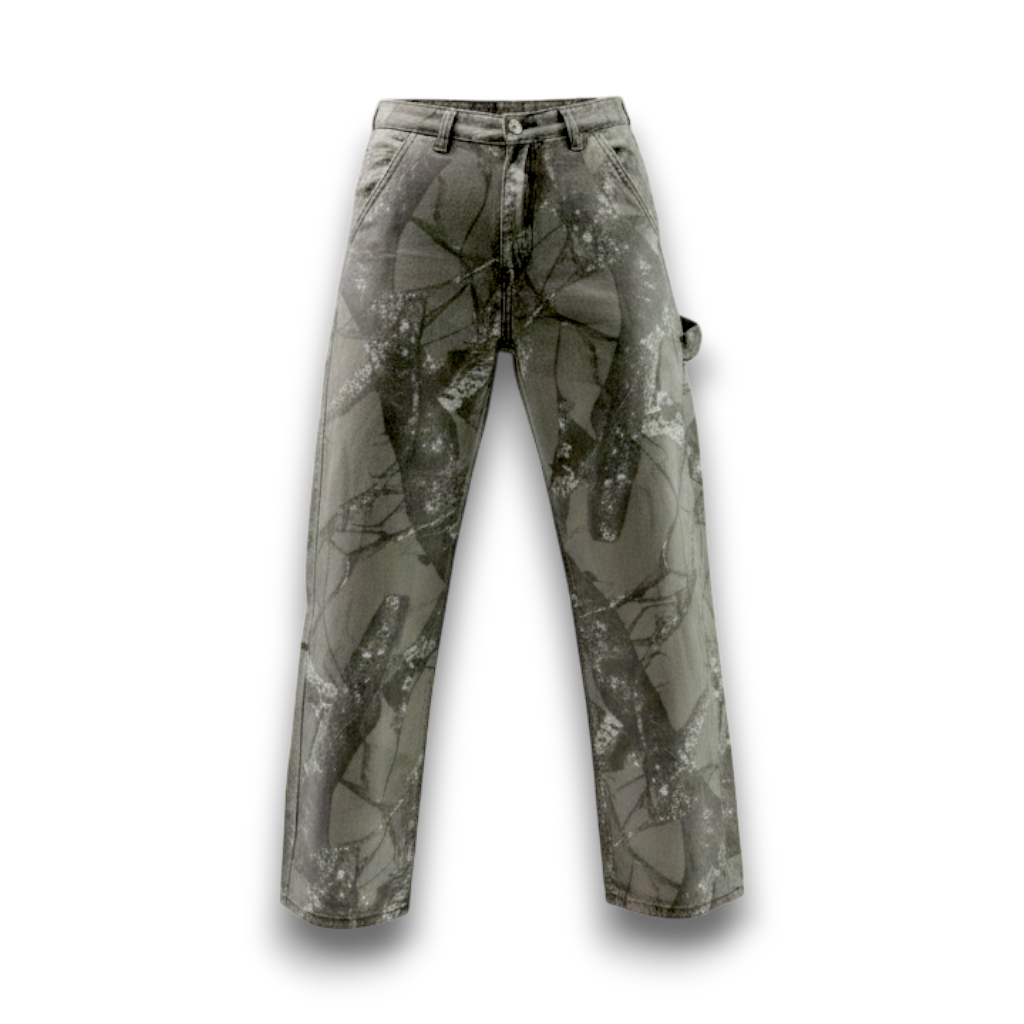NESHOW grey camouflage print wide-leg carpenter jeans with cargo pockets and reinforced stitching. Made from premium denim.
