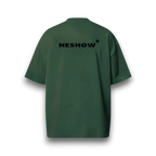 NESHOW light green oversized 320 gsm sustainable cotton t-shirt with black logo and random number print on front.