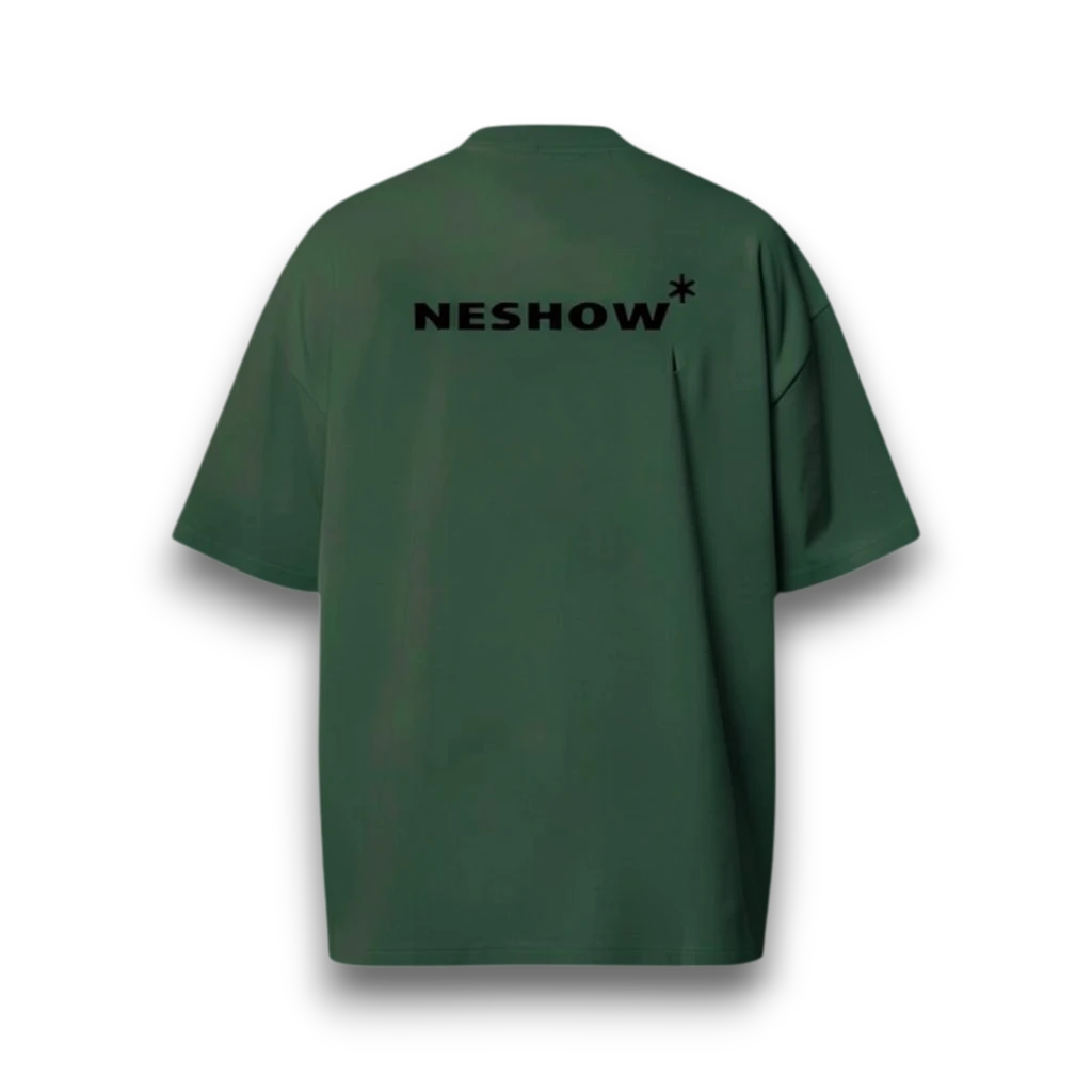 NESHOW light green oversized 320 gsm sustainable cotton t-shirt with black logo and random number print on front.