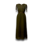 NESHOW olive green textured wrap maxi dress with braided belt and tie shoulder straps, perfect for summer.