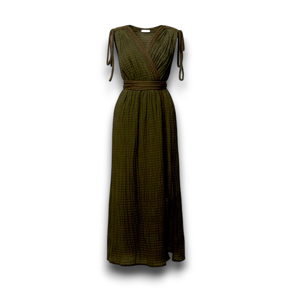 NESHOW olive green textured wrap maxi dress with braided belt and tie shoulder straps, perfect for summer.