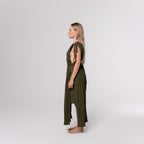 NESHOW olive green textured maxi dress with tie straps and a deep V-neck, perfect for summer.