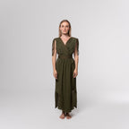 NESHOW olive green textured wrap maxi dress with braided tie waist and shoulder straps, perfect for summer.