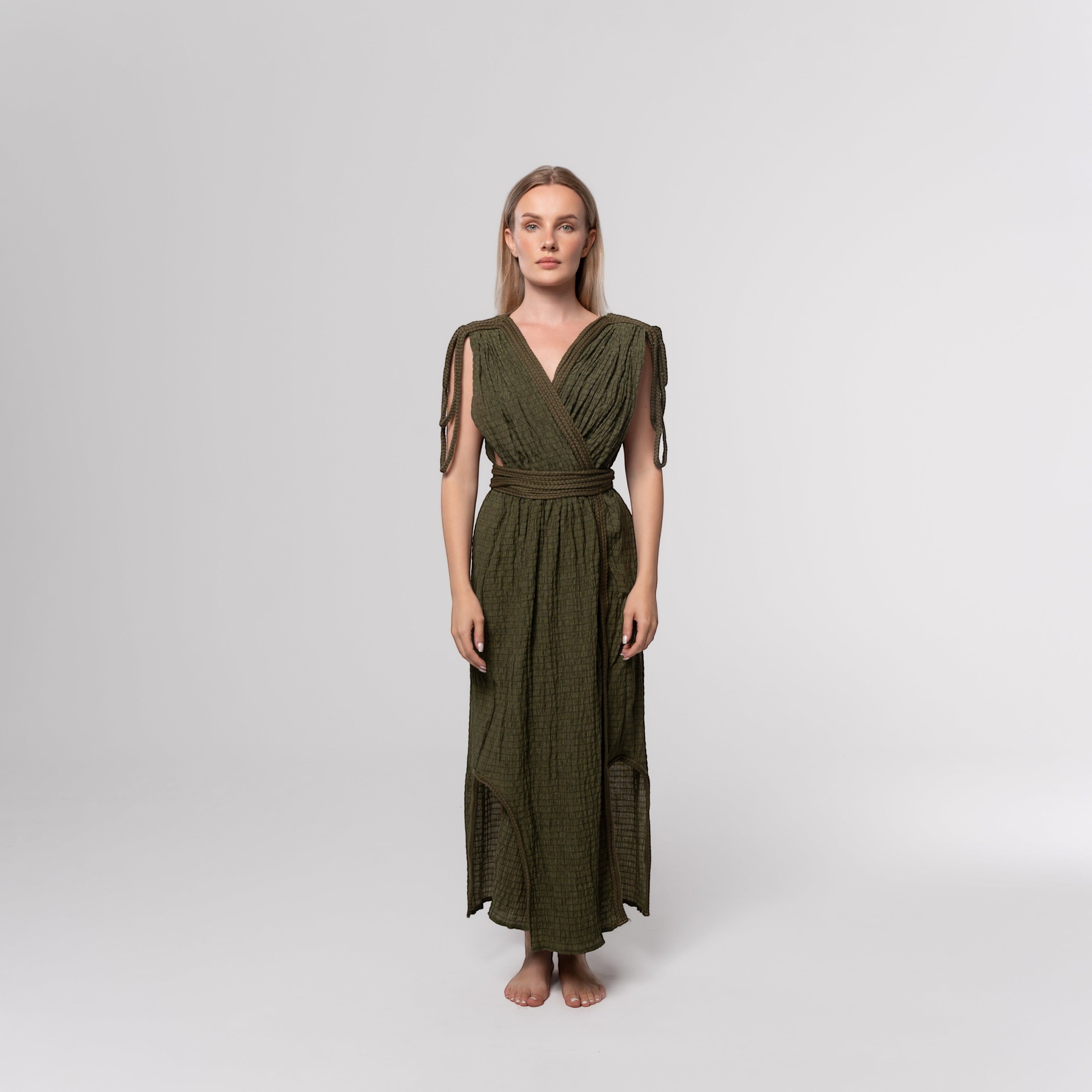 NESHOW olive green textured wrap maxi dress with braided tie waist and shoulder straps, perfect for summer.