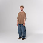 NESHOW oversized brown 320gsm sustainable cotton t-shirt with random number print on front and logo on back.