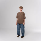 NESHOW oversized brown 320 gsm sustainable cotton t-shirt with random number print on front and logo on back.