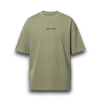 NESHOW oversized sage green cotton t-shirt with random number print on front and logo on back.