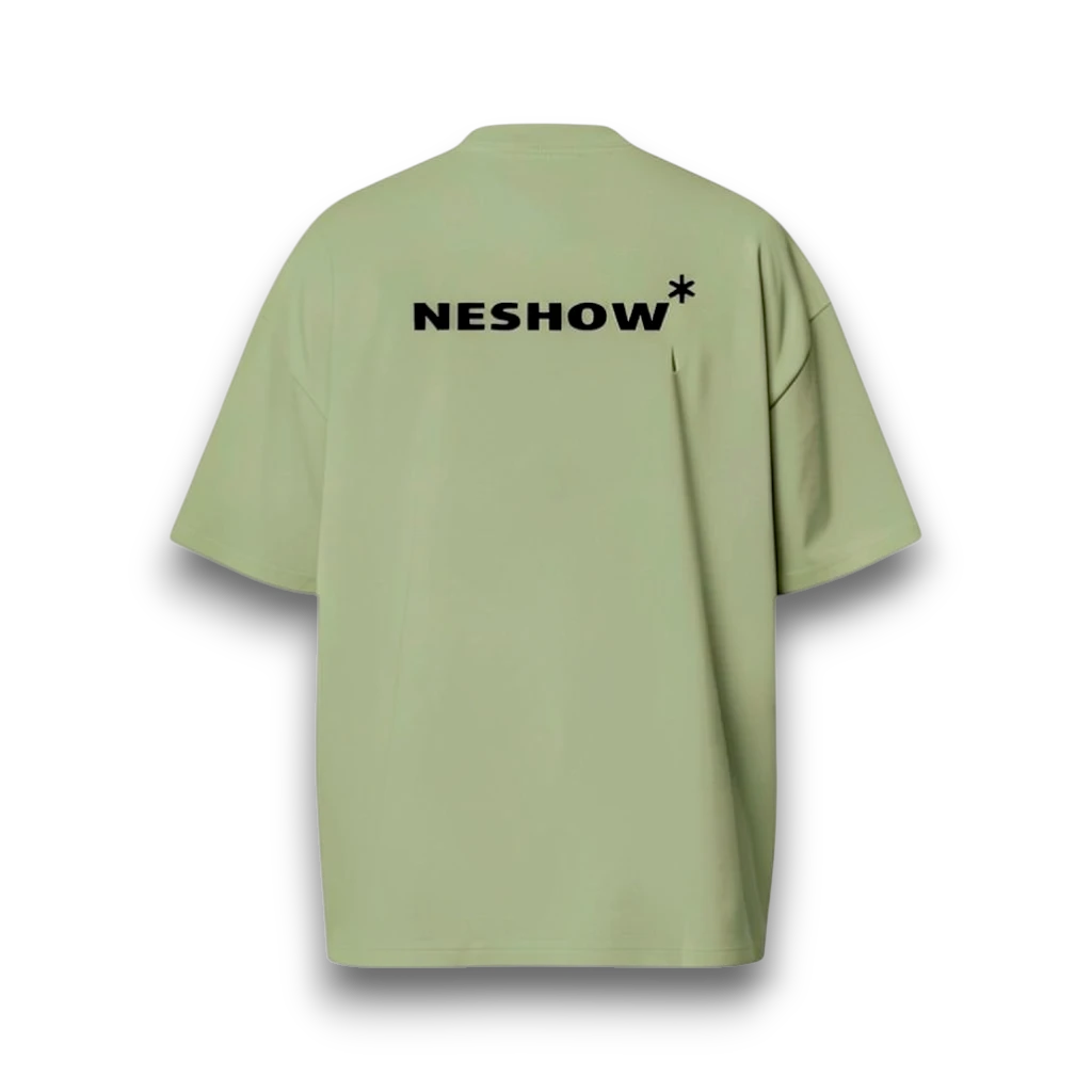 NESHOW oversized grey t-shirt made from 320 gsm sustainable cotton with black logo on back.