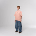 NESHOW oversized peach cotton t-shirt with random number print on front and logo on back. Sustainable 320 gsm cotton.