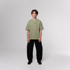 NESHOW oversized sage green cotton t-shirt with random number print on front and logo on back.