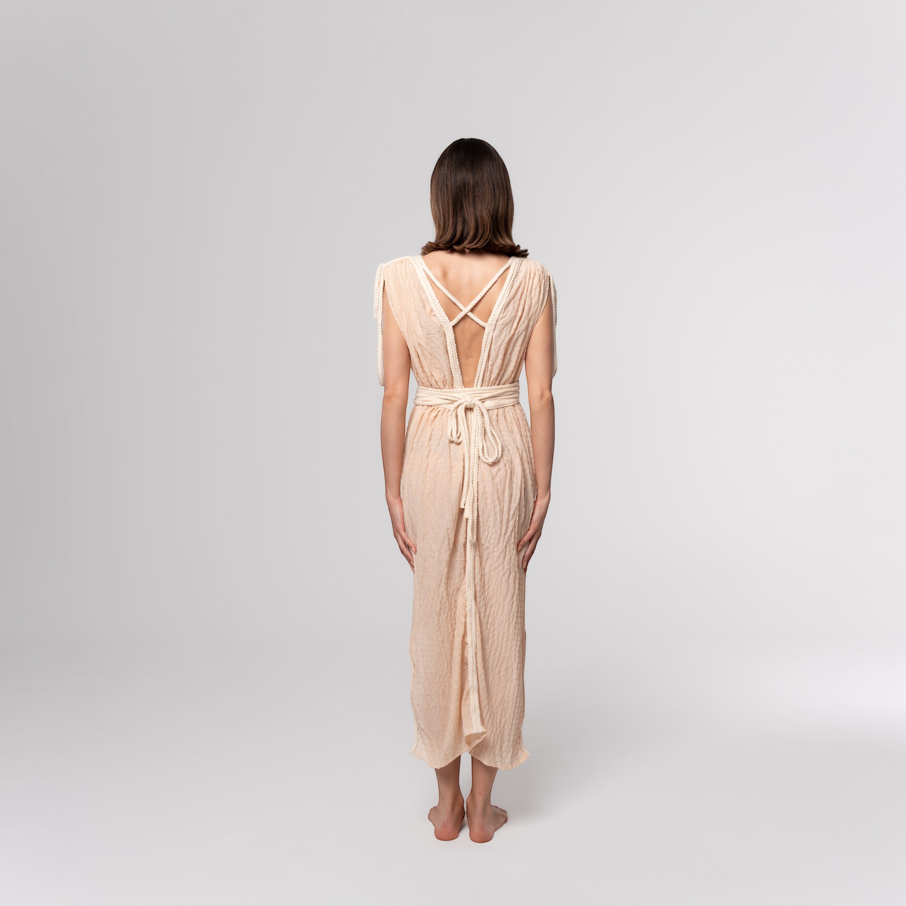 NESHOW peach crinkle fabric maxi dress with criss-cross back straps and tie waist