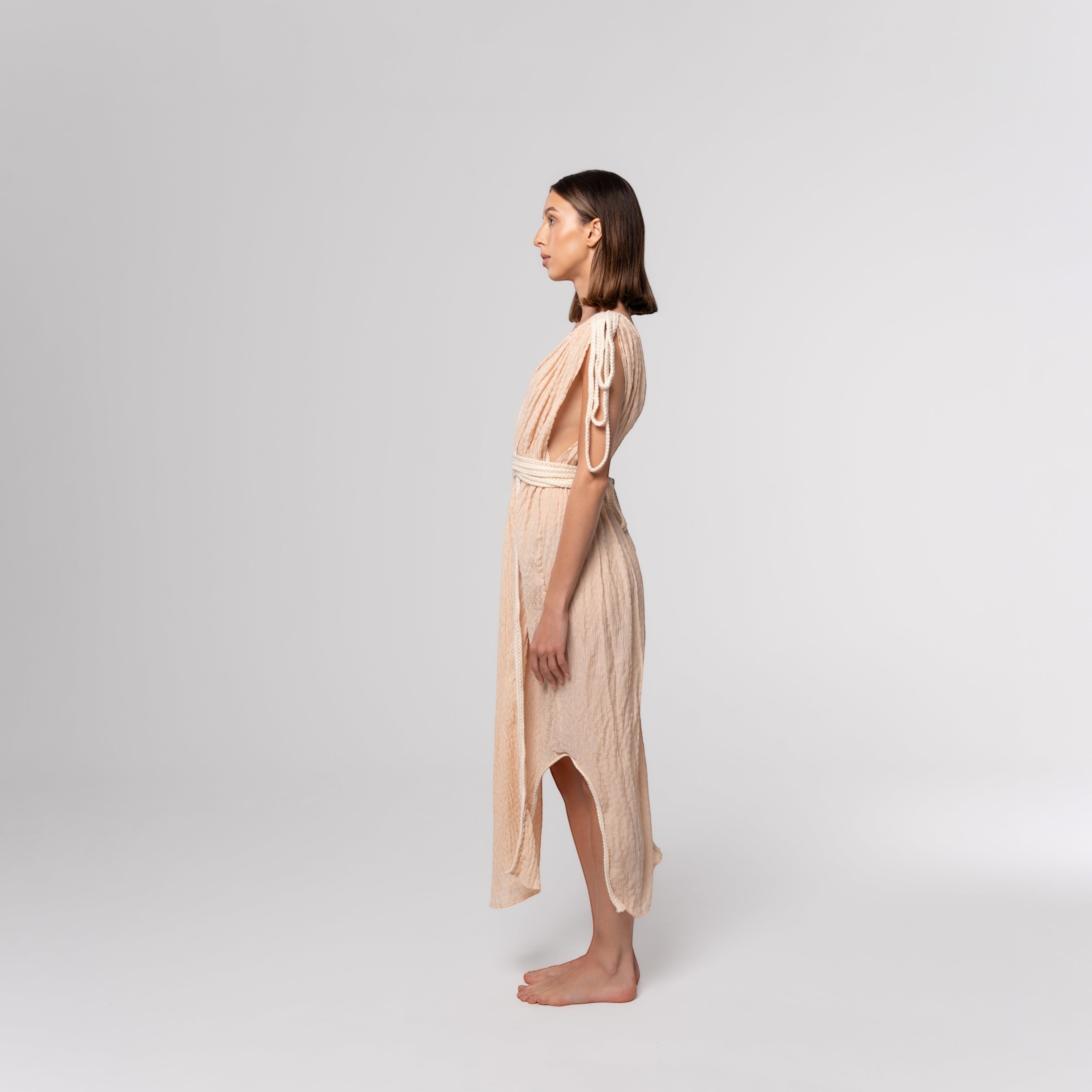 NESHOW peach linen blend Drapes Dress with tie shoulder straps and waist tie, perfect for summer.