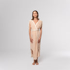 NESHOW peach textured wrap dress with rope tie belt and rope shoulder straps, perfect for summer.
