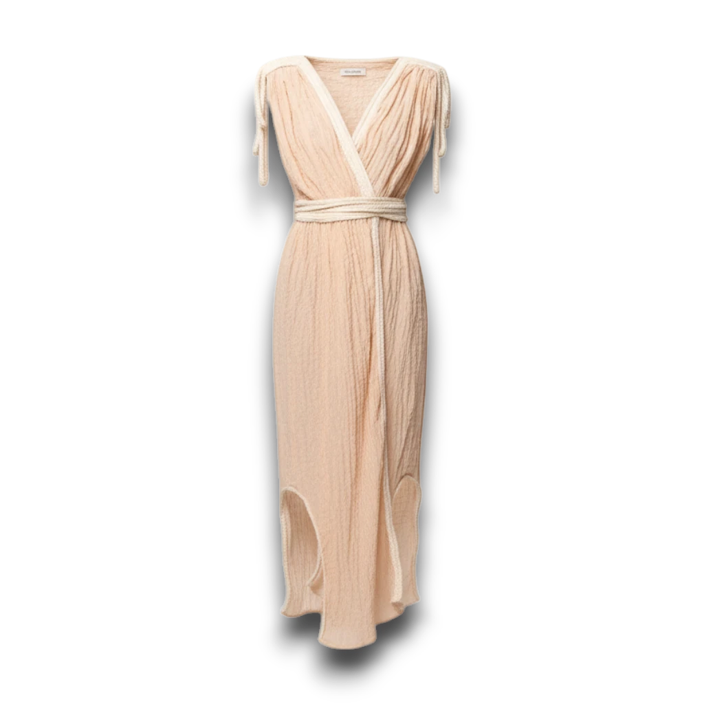 NESHOW peach textured wrap dress with rope tie belt and rope shoulder straps, perfect for summer.
