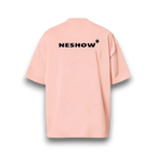 NESHOW pink oversized t-shirt made from sustainable cotton with black logo and random number print on front.