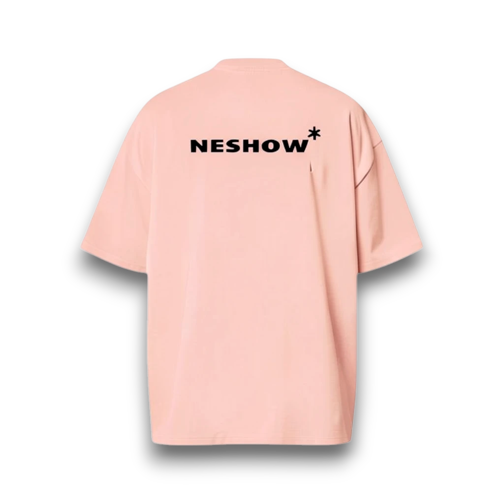 NESHOW pink oversized t-shirt made from sustainable cotton with black logo and random number print on front.