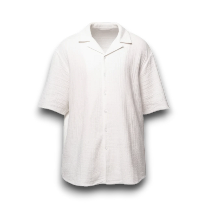 NESHOW white Bambula cotton camp shirt with short sleeves and a relaxed fit, perfect for warm weather.