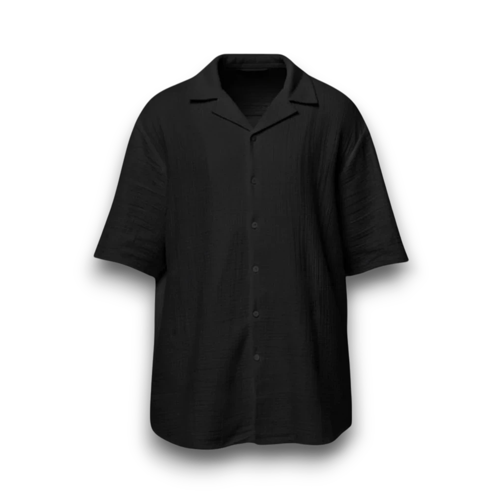 NESHOW white Bambula cotton camp shirt with short sleeves and a relaxed fit, perfect for warm weather.