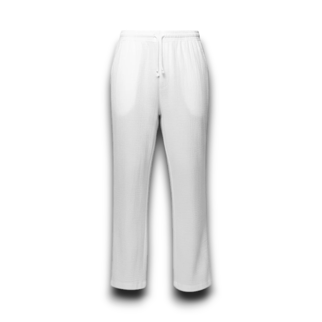 NESHOW white Bambula cotton trousers with drawstring waist and wide leg, perfect for warm weather.