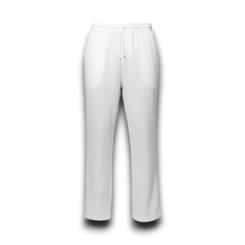 NESHOW white Bambula cotton trousers with drawstring waist and wide leg, perfect for warm weather.