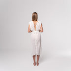 NESHOW white crinkled cotton midi dress with a deep V-back and tie waist, perfect for summer.