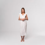 NESHOW white crinkled cotton blend midi wrap dress with tie shoulder straps, perfect for summer.