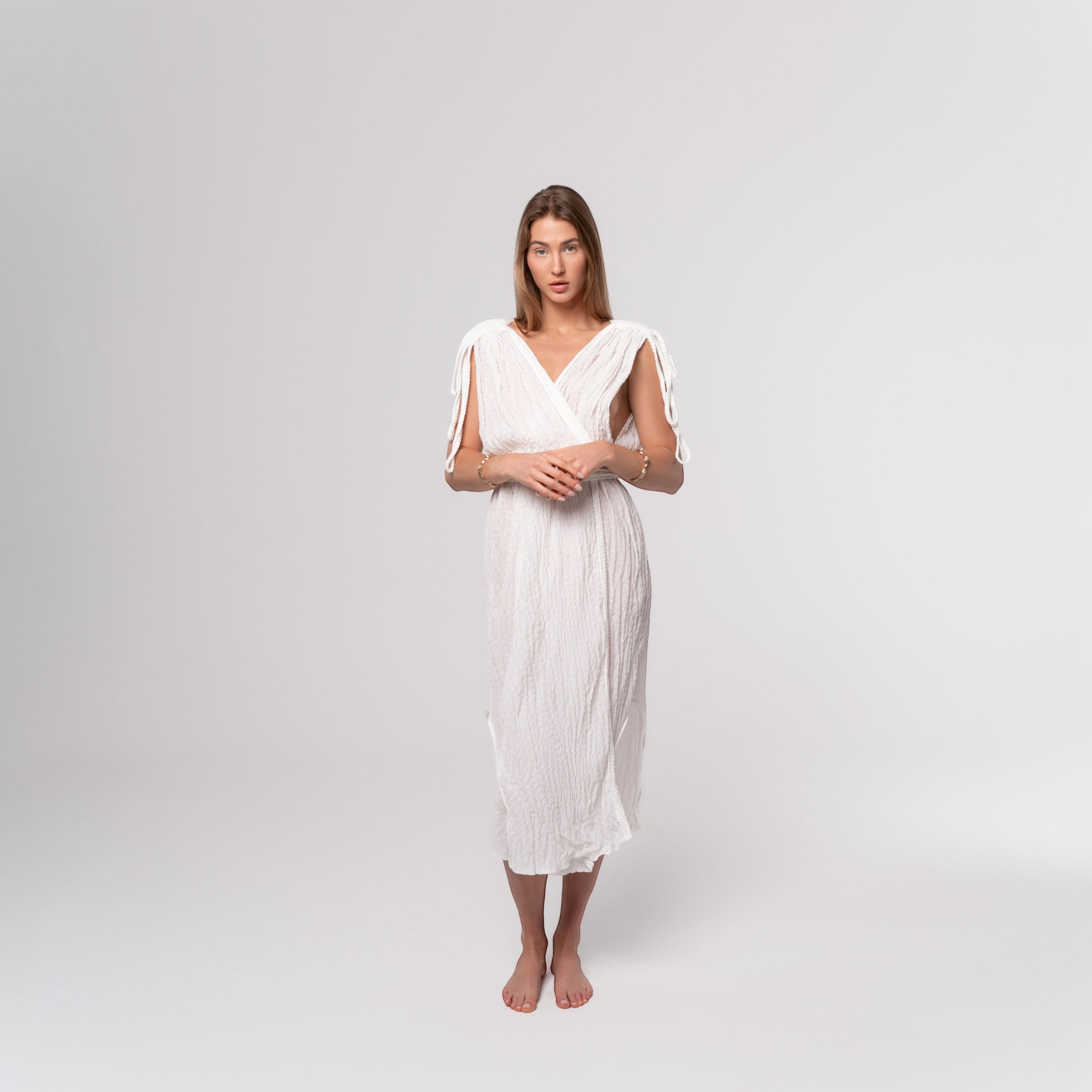 NESHOW white crinkled cotton blend midi wrap dress with tie shoulder straps, perfect for summer.