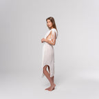 NESHOW white linen blend Drapes Dress with tie shoulder straps and a belted waist, perfect for summer.