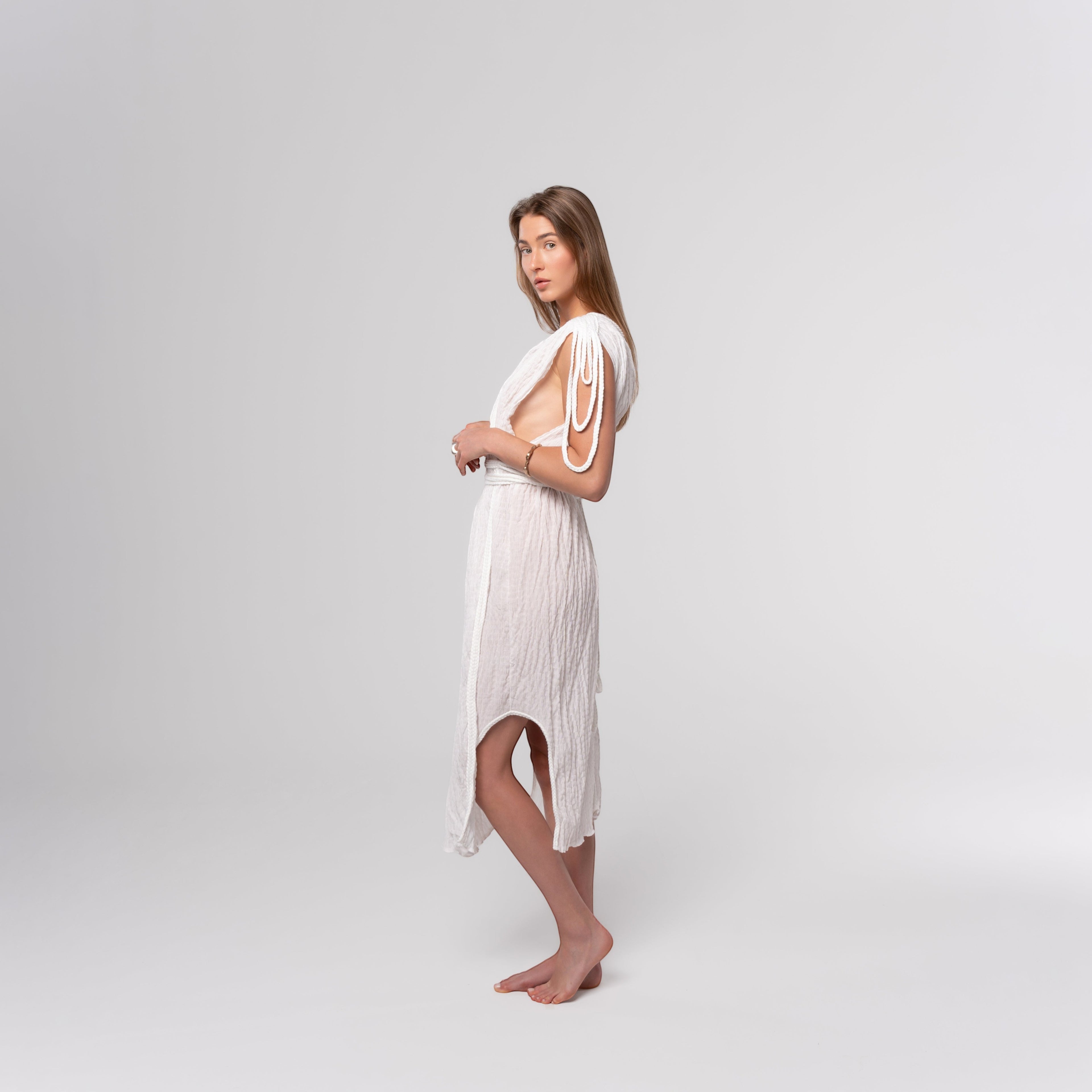 NESHOW white linen blend Drapes Dress with tie shoulder straps and a belted waist, perfect for summer.