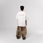 NESHOW white oversized 320 gsm sustainable cotton t-shirt with random number print and logo on back.