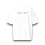 NESHOW white oversized t-shirt made from 320 gsm sustainable cotton with black logo on back.