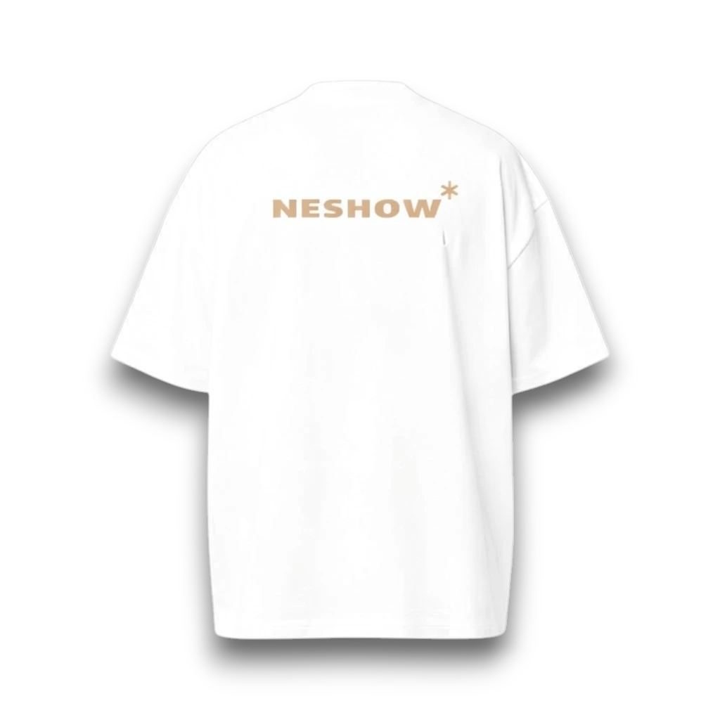 NESHOW white oversized t-shirt made from 320 gsm sustainable cotton with black logo on back.